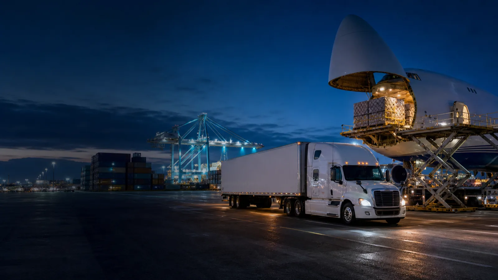 Avion-cargo, camion de transport et conteneurs dans un centre de transport intermodal